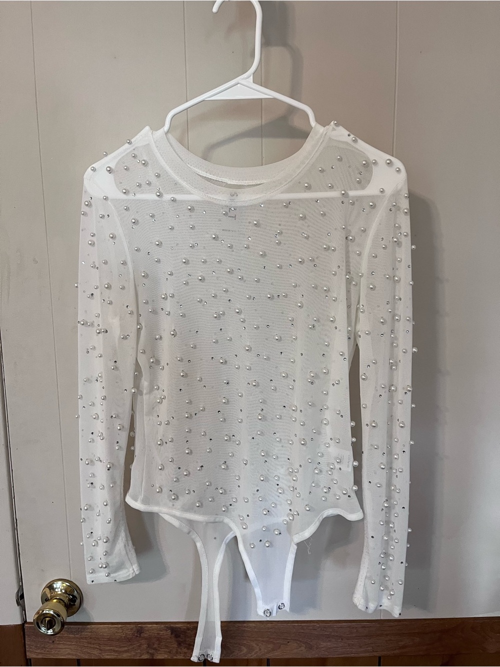 White Pearl-Embellished Long Sleeve Bodysuit